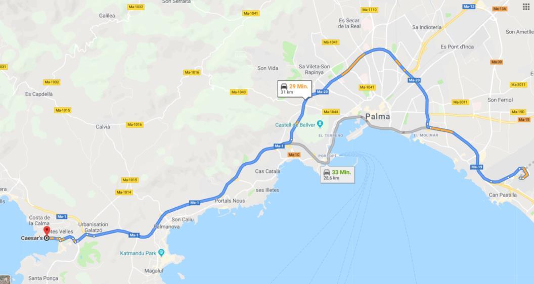 Karte der Strecke von Palma nach Santa Ponsa